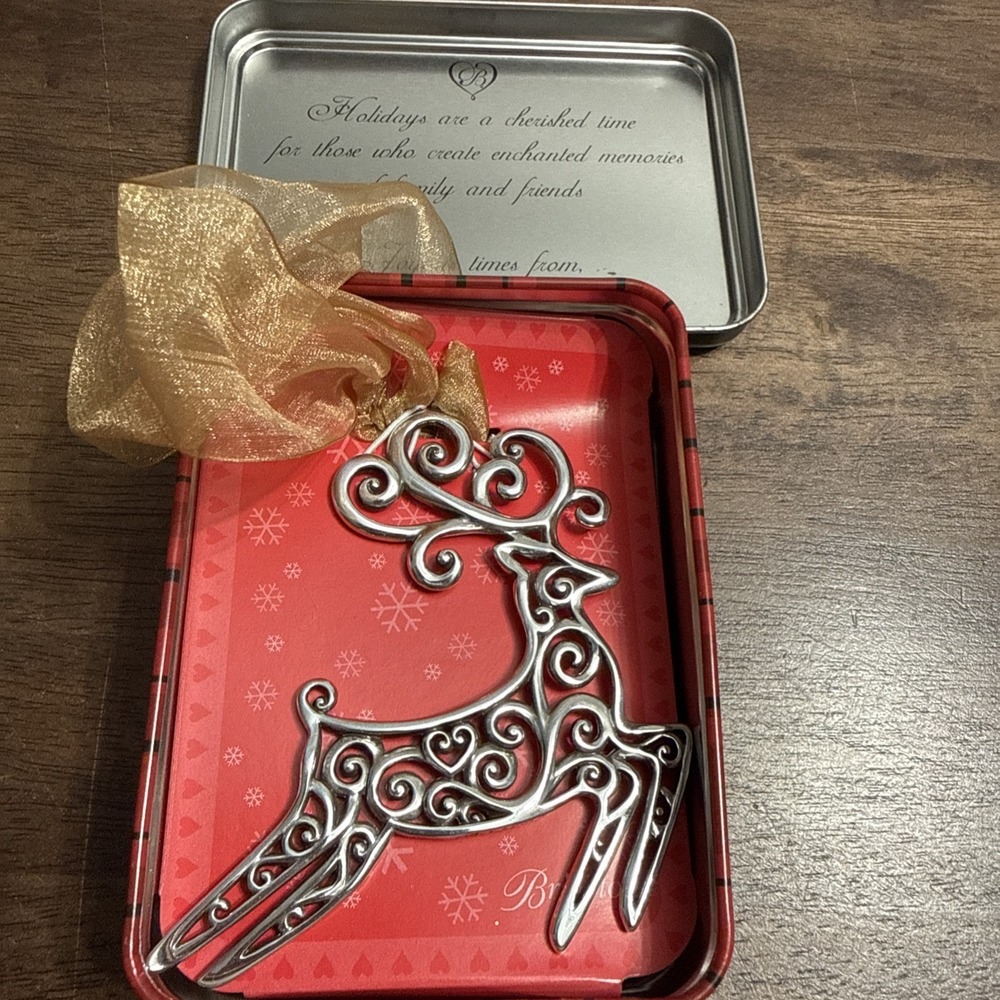 Brighton Reindeer‎ Christmas Ornament Silvertone Filigree Deer Original Tin